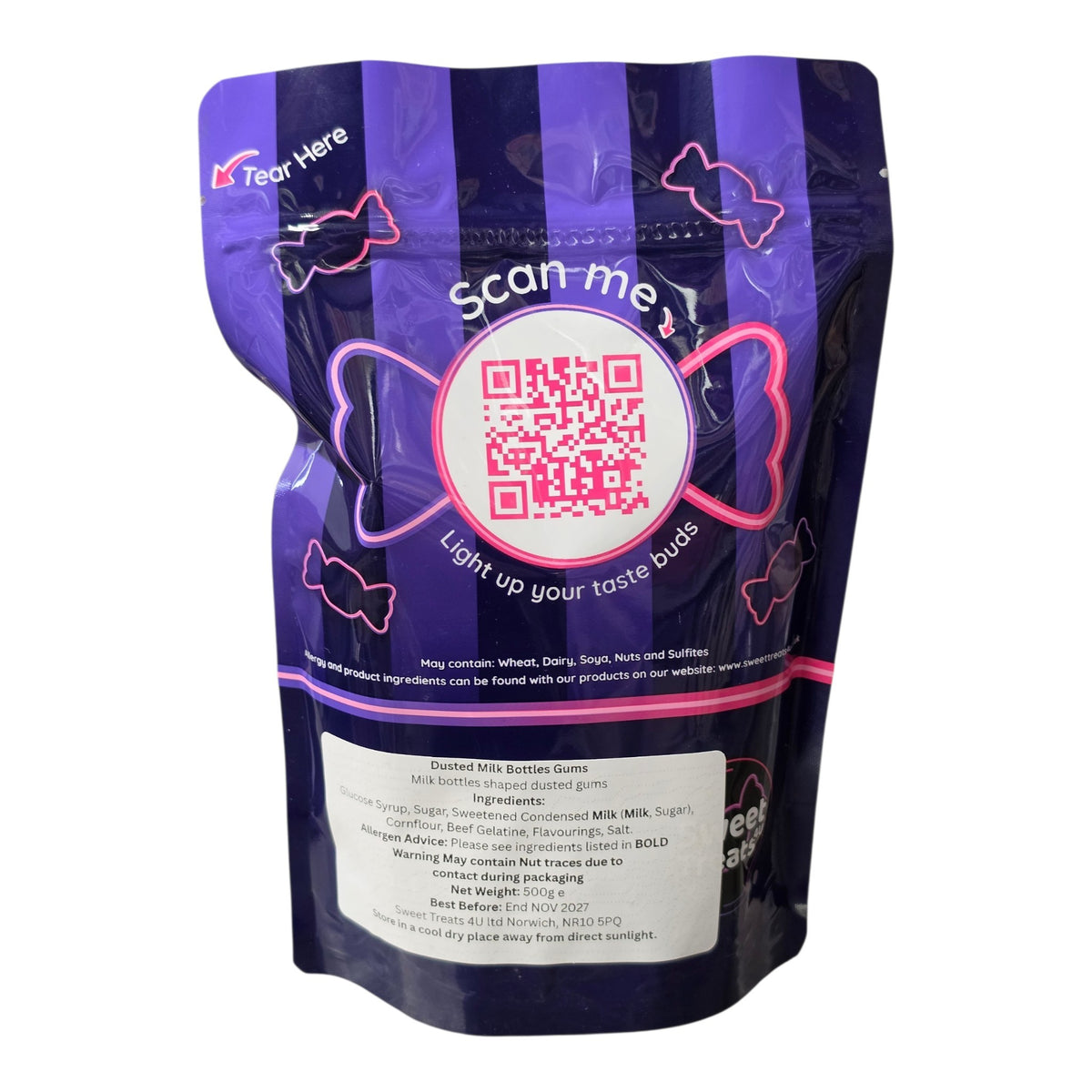 Dusted Milk Bottles Gums 500g - Resealable Bag, Pick and Mix Sweets, Bulk, Party Bags, Candy Gifts