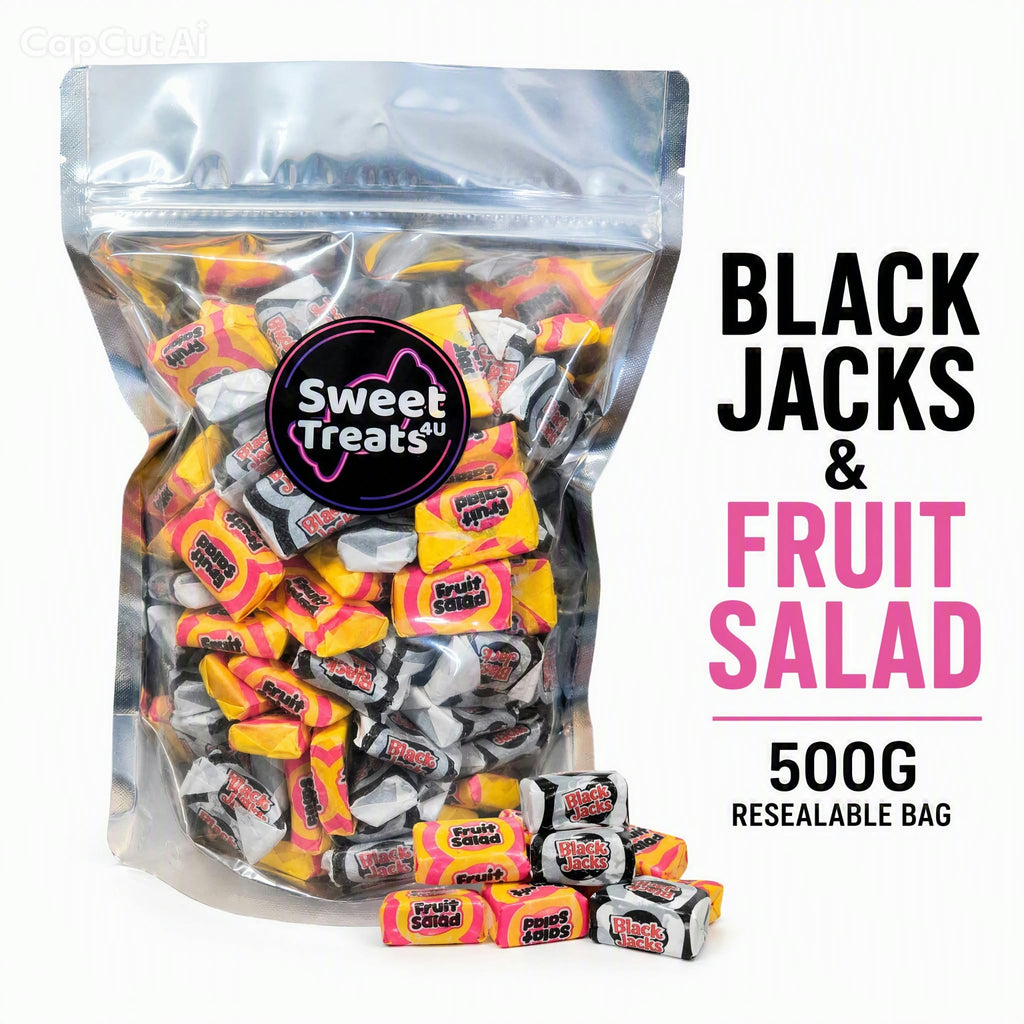 Fruit Salad & Black Jack Chews 500g -  Resealable Bag, Pick and Mix Sweets, Bulk, Party Bags, Candy Gifts