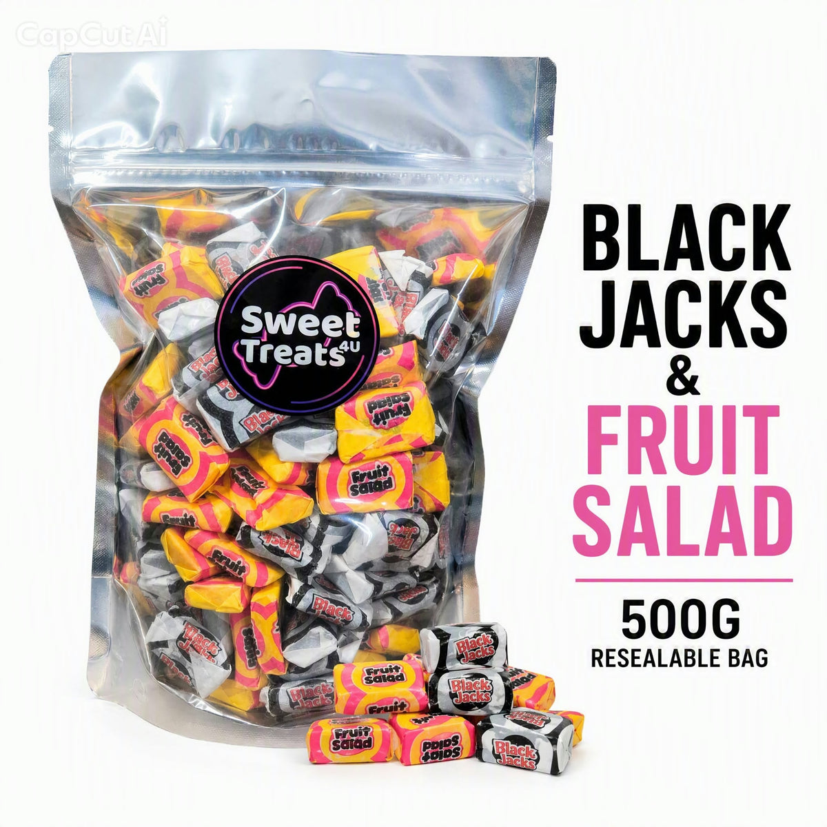 Fruit Salad & Black Jack Chews 500g -  Resealable Bag, Pick and Mix Sweets, Bulk, Party Bags, Candy Gifts