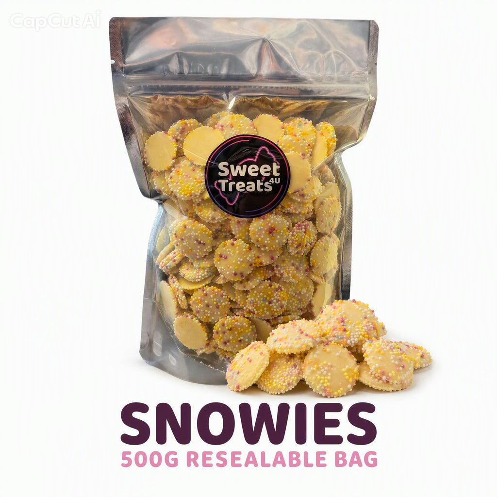 White Chocolate Snowies 500g -  Resealable Bag, Pick and Mix Sweets, Bulk, Party Bags, Candy Gifts