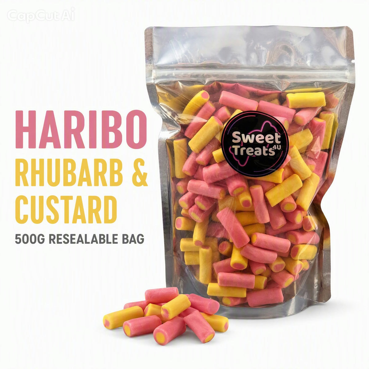 Haribo Rhubarb & Custard 500g -  Resealable Bag, Pick and Mix Sweets, Bulk, Party Bags, Candy Gifts