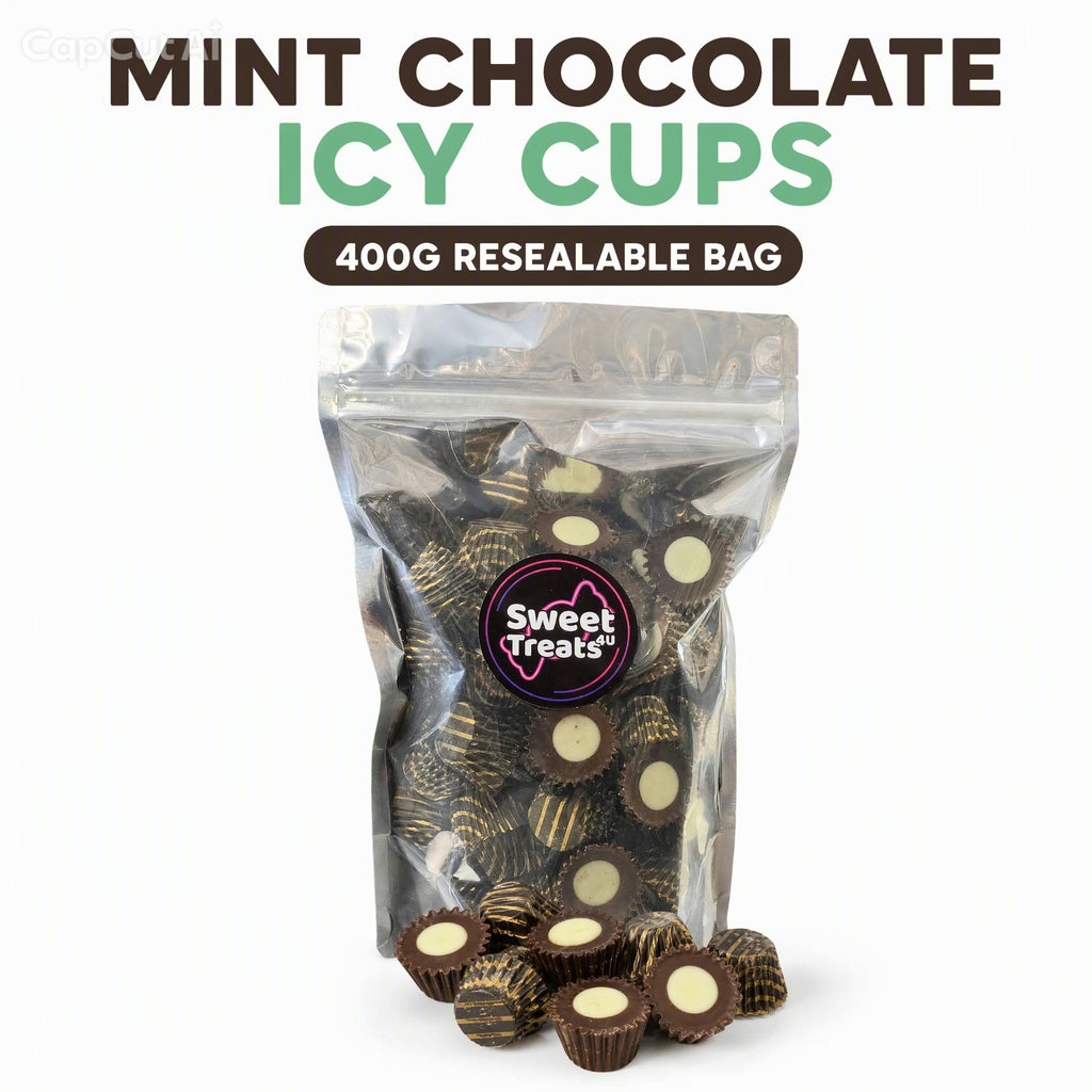 Mint Chocolate Icy Cups 400g -  Resealable Bag, Pick and Mix Sweets, Bulk, Party Bags, Candy Gifts