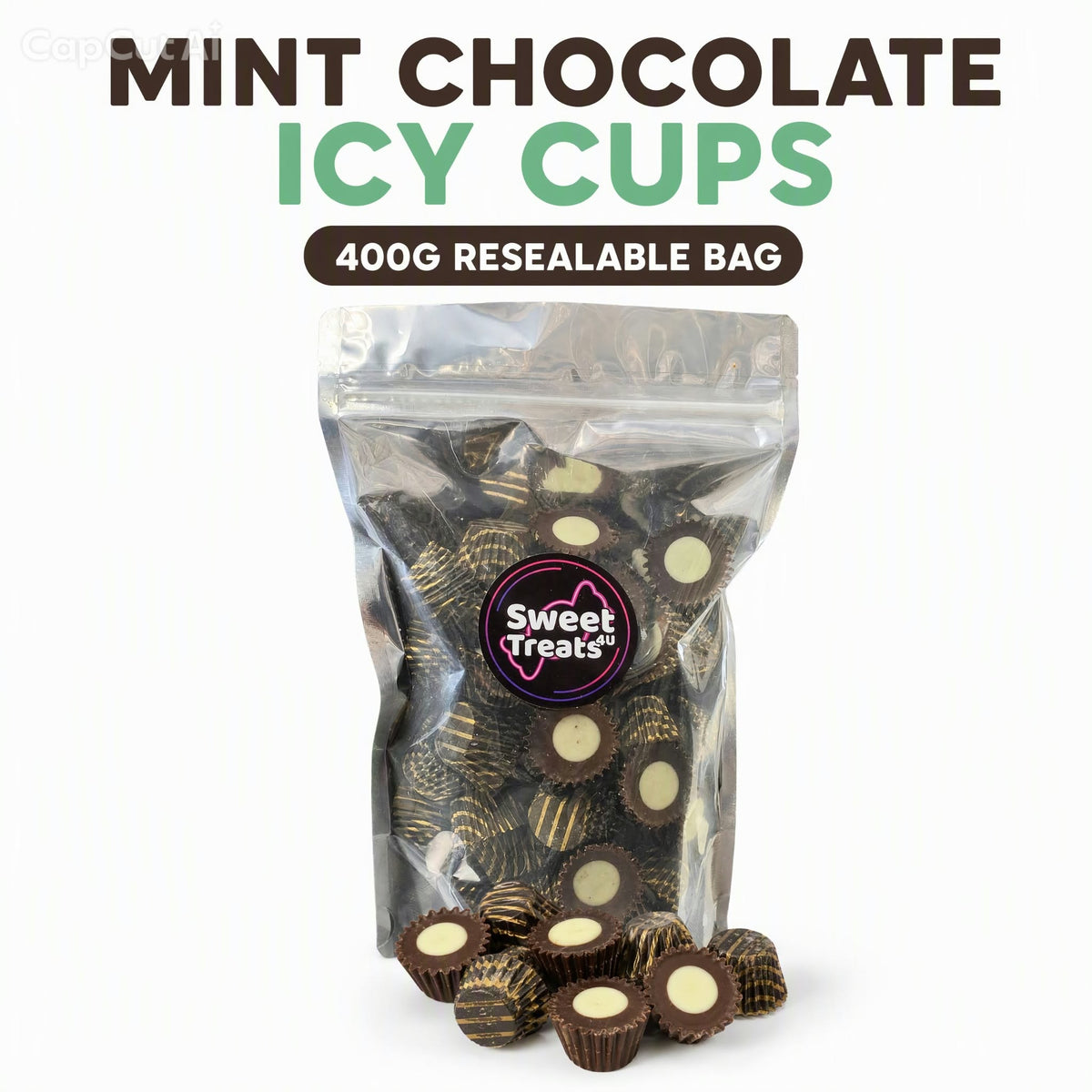 Mint Chocolate Icy Cups 400g -  Resealable Bag, Pick and Mix Sweets, Bulk, Party Bags, Candy Gifts