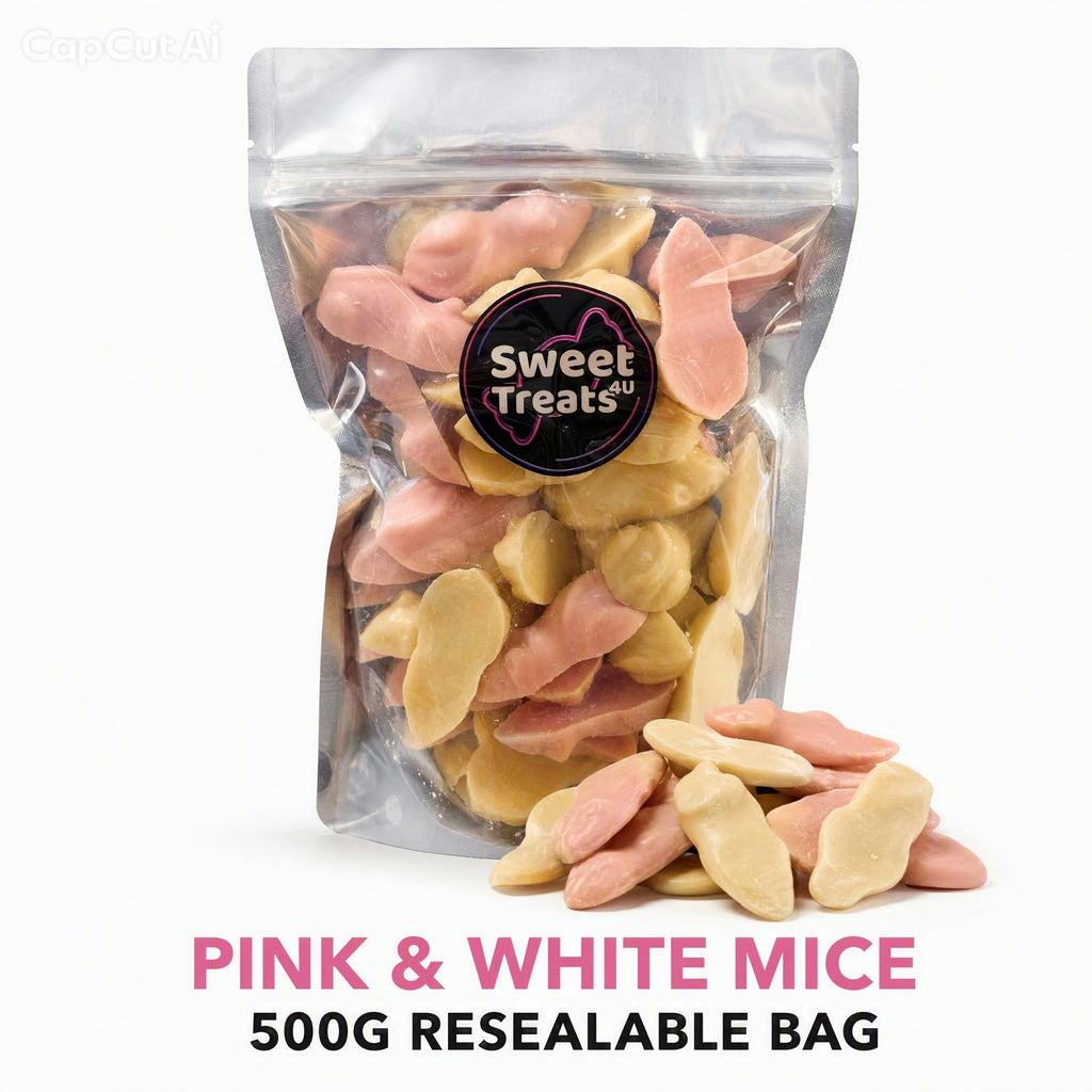 Pink And White Mice 500g -  Resealable Bag, Pick and Mix Sweets, Bulk, Party Bags, Candy Gifts