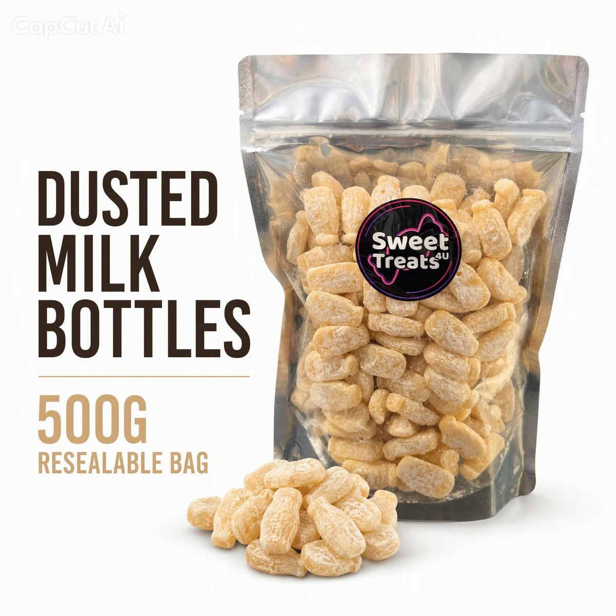 Dusted Milk Bottles Gums 500g - Resealable Bag, Pick and Mix Sweets, Bulk, Party Bags, Candy Gifts